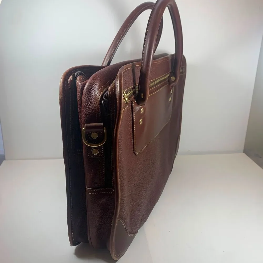 Vintage Orvis Brown Pebbled Leather Briefcase Messenger Laptop Bag Plaid Lining